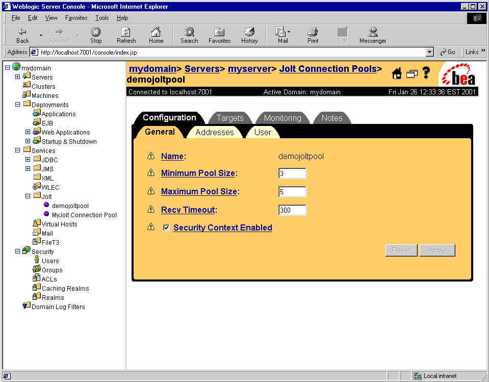 WebLogic Server Console with Jolt Connection Pool