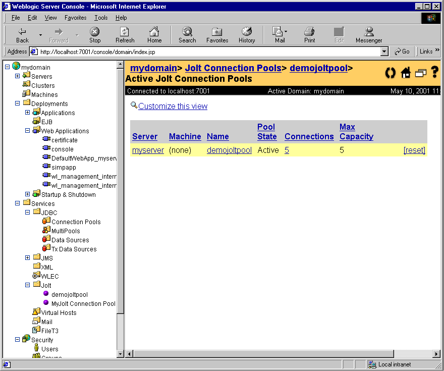 WebLogic Server Console with Jolt Connection Pool