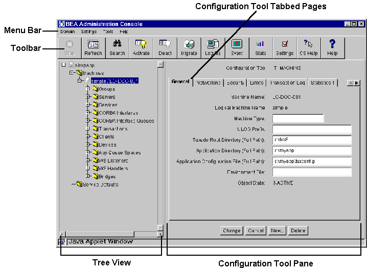 Main Menu of the Oracle Tuxedo Administration Console