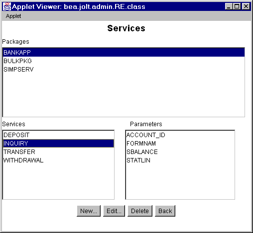 Sample Services Window with Parameters List