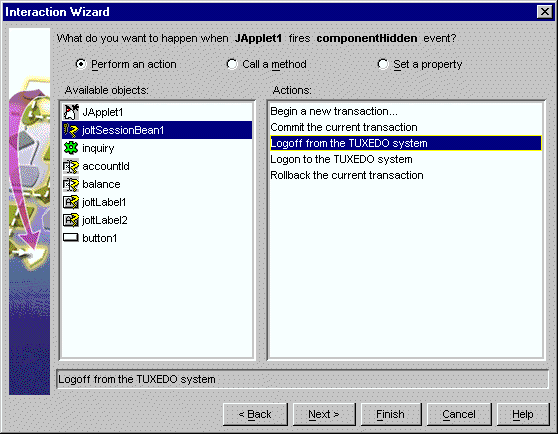 Select joltSessionBean1 Object and Logoff from the Tuxedo System Action