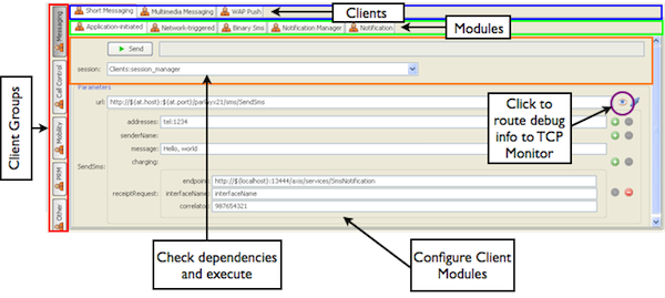 The Clients Tool Action Panel with the Short Messaging Client Tab selected
