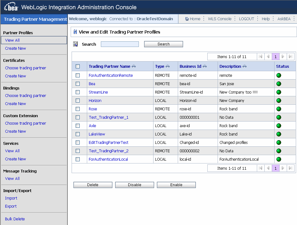 Trading Partner Management in the WLI Administration Console (Partial View)