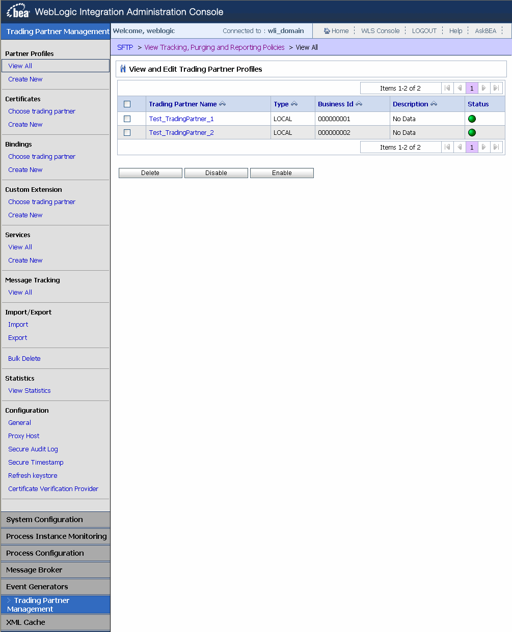 Trading Partner Management in the WebLogic Integration Administration Console