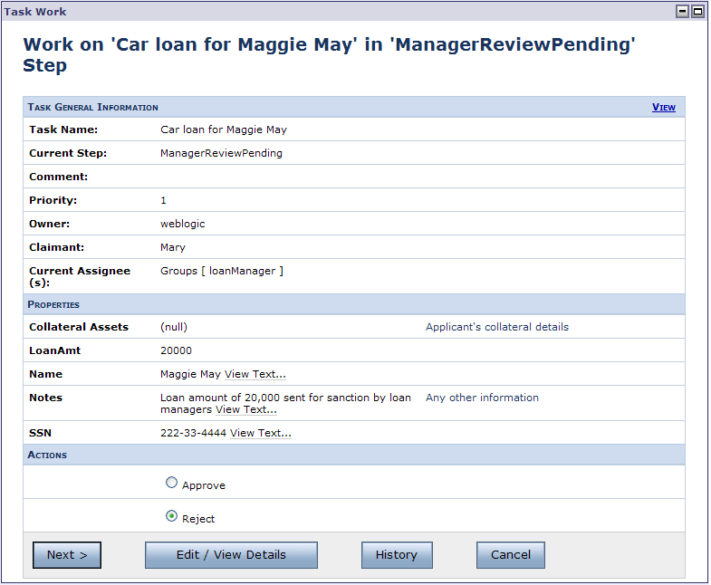 Rejecting the Loan from the Task Work Web Page