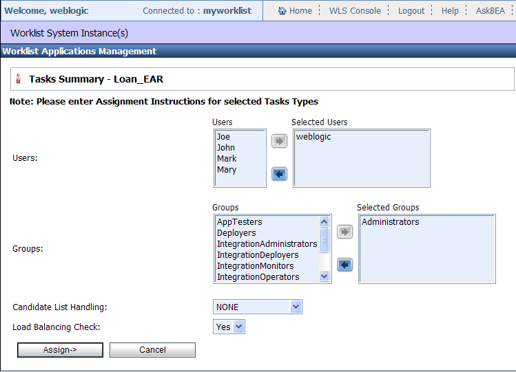 Assign Task to User weblogic 