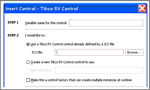 Insert TIBCO RV Control Dialog - Step 1 & 2 