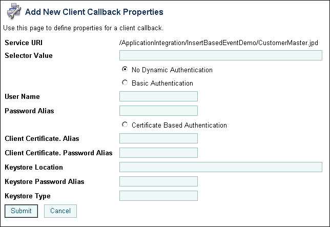 Add Client CallBack Properties Page