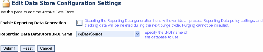 Edit Data Store Configuration Settings Page