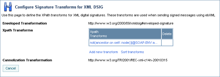 Configure Signature Transforms for XML DSIG Page