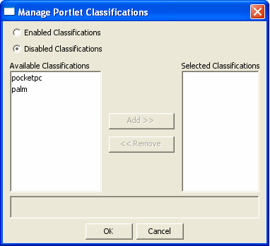 Example of the Manage Portlet Classifications Dialog