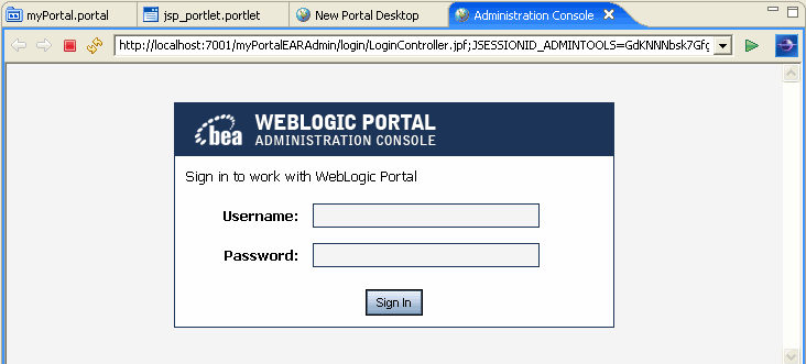 WebLogic Portal Administration Console Login Dialog