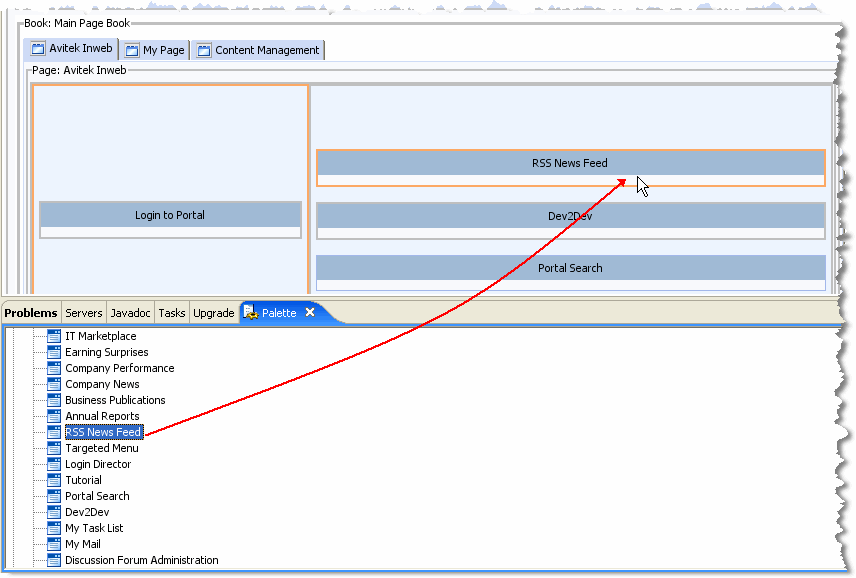 Dragging a Portlet from the Palette onto a Portal Page in Editor View
