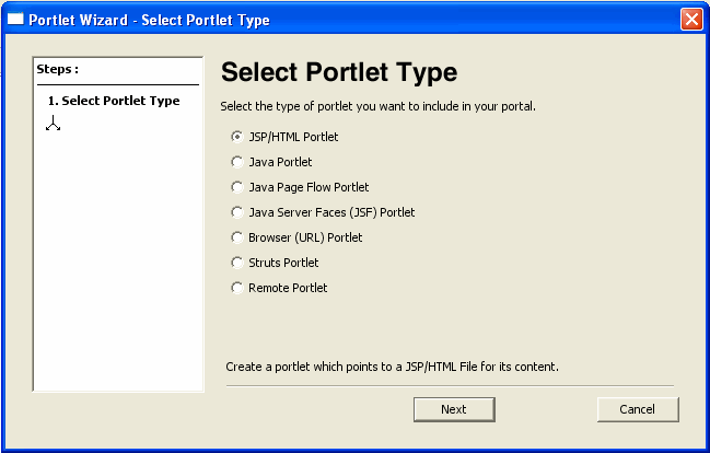Portlet Wizard - Select Portlet Type Dialog