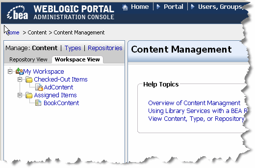 Content Workspace View in WebLogic Portal Administration Console