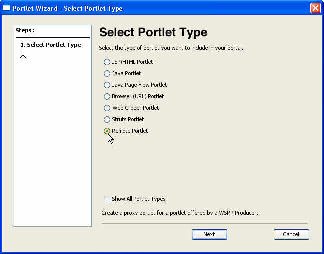 Select Portlet Type Dialog 