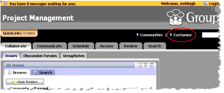 GroupSpace Desktop Showing the Customize Menu (Visitor Tools)