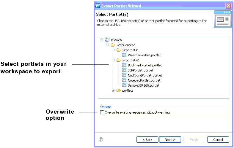 Select Portlet(s) to Export Dialog