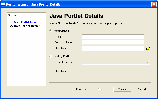 Portlet Wizard - Java Portlet Details Dialog