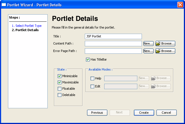 Portlet Wizard - JSF Portlet Details Dialog