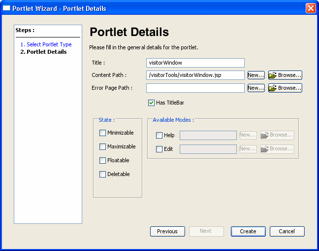 Example Portlet Wizard Details Dialog Following Drag and Drop of a Resource