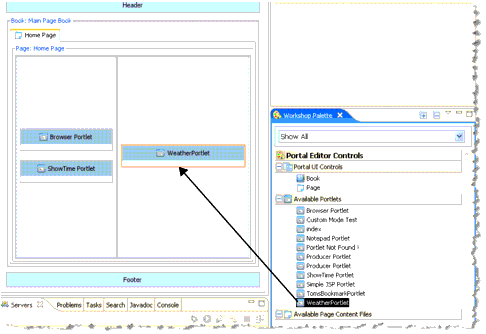 Dragging a Portlet from the Palette onto a Portal Page in Editor View