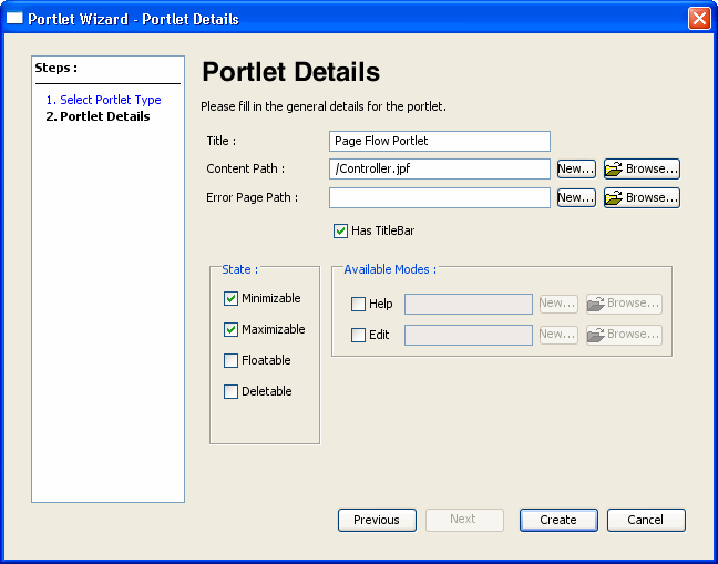 Portlet Wizard - JPF Portlet Details Dialog