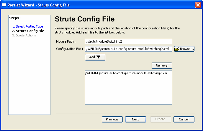 Struts Config File Dialog