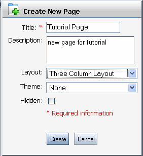 Create New Page Dialog in Administration Console