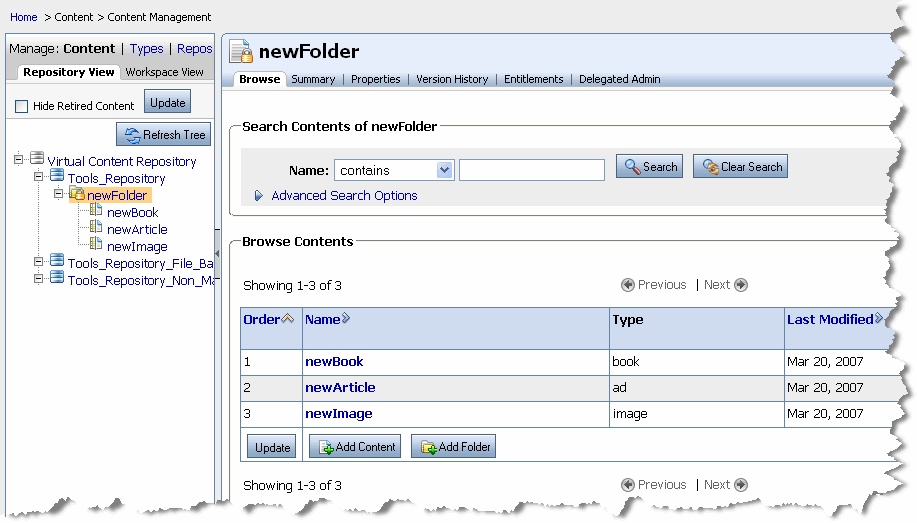 Re-ordering Content in the Browse Contents Tab