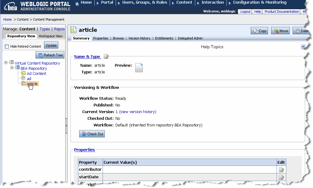 Selecting Article in the Repository Tree Calls the Summary Portlet