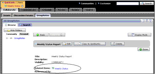 The QuickLinks Item Appears as a Related Items Icon