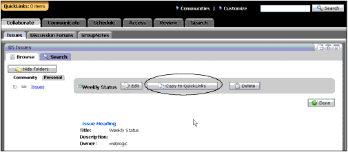 Copy the Issue to QuickLinks