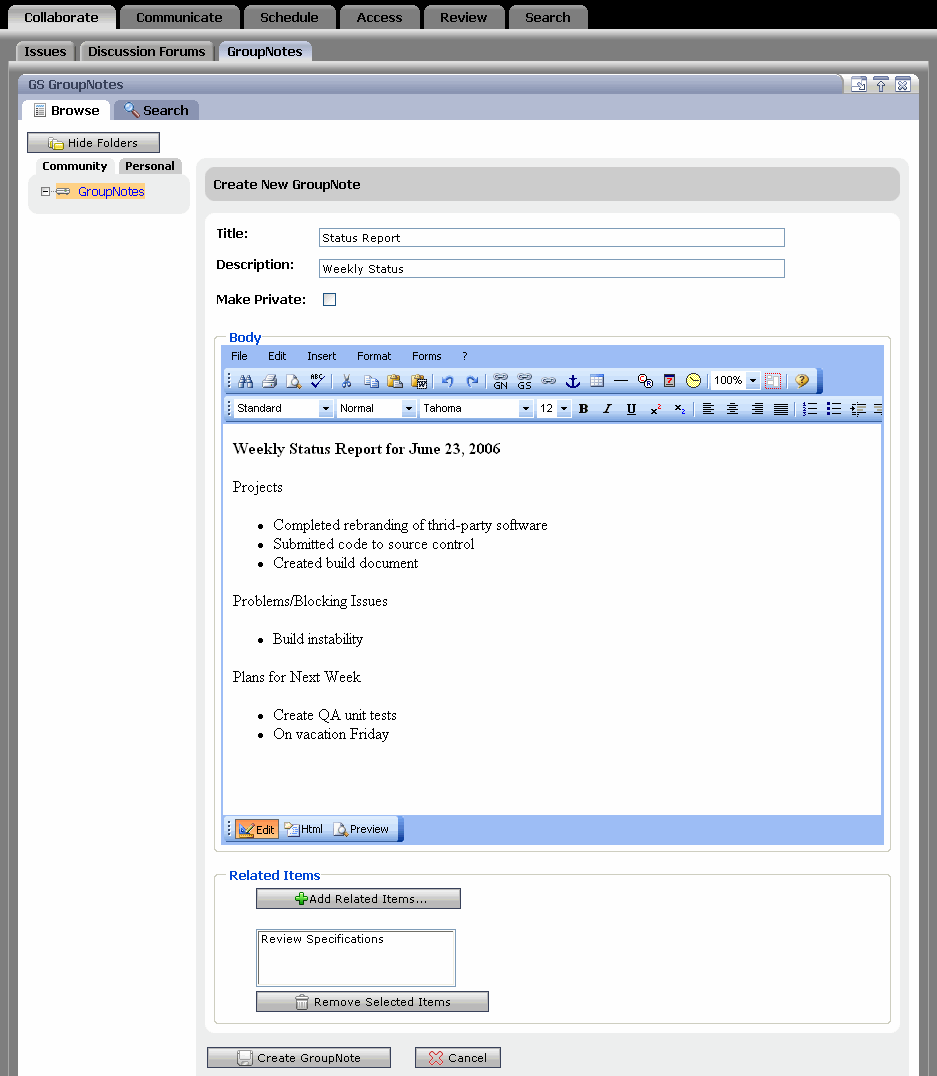 Creating a New GroupNote