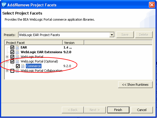 Commerce Facet in the Portal EAR Project Wizard