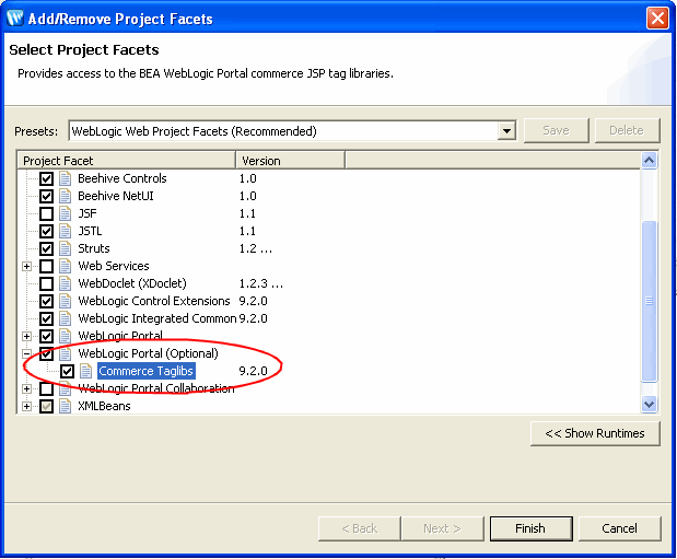 Commerce Facet in the Portal Web Project Wizard