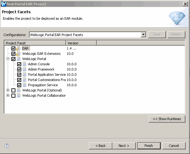New Portal EAR Project –  Select Project Facets Dialog