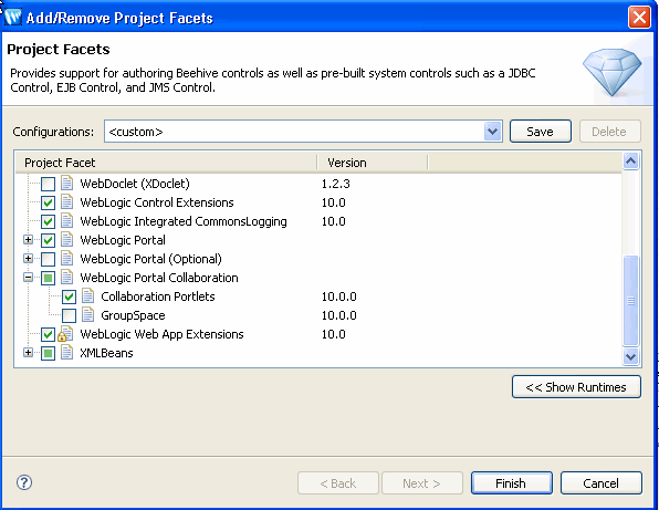 Example Add/Remove Project Facets Dialog with Collaboration Portlets Selected