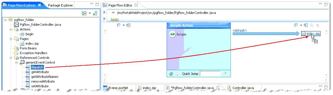 Adding an Action to a Page Flow Using the Flow View