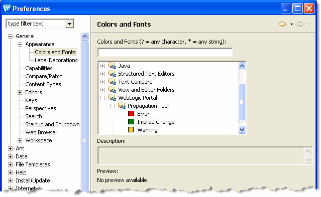 Workshop for WebLogic Appearance –  Colors and Fonts Preferences