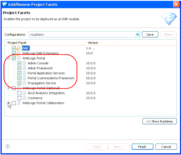 Select Project Facets Dialog with WebLogic Portal Facet Selected (and Expanded)