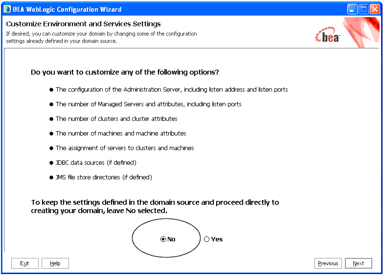 Customize Environment and Services Settings Window