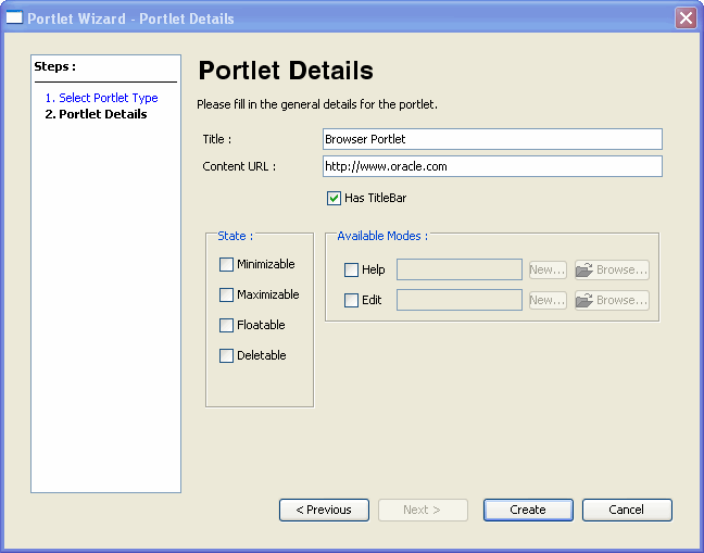 Creating a Browser URL Portlet - Portlet Details Dialog