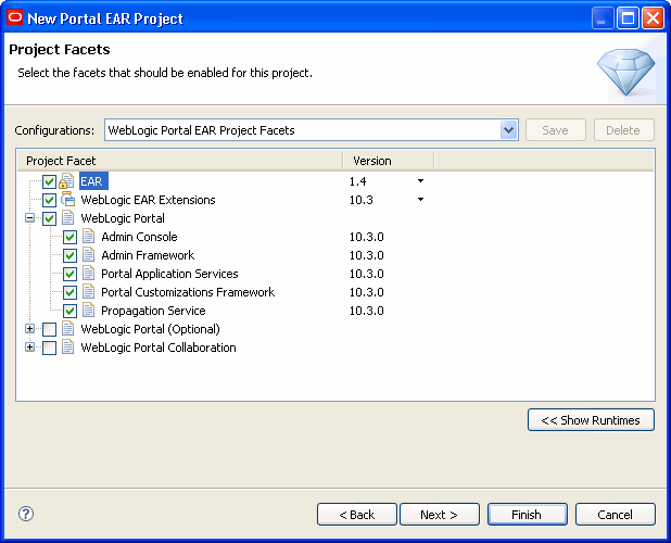 New Portal EAR Project –  Select Project Facets Dialog