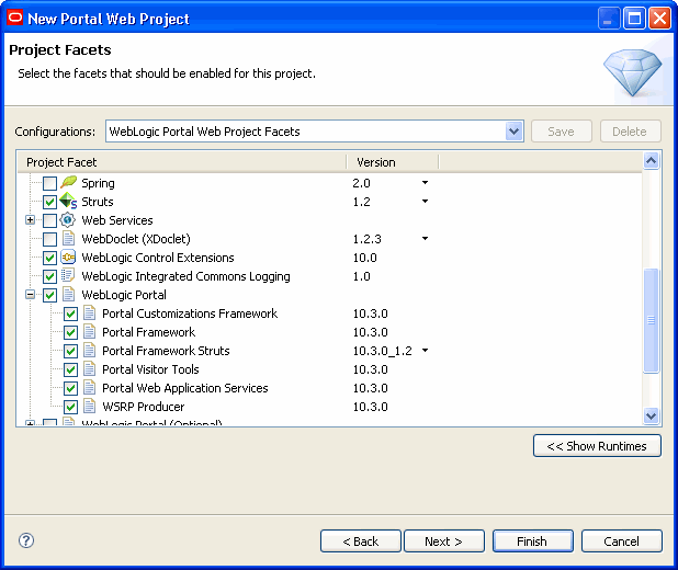 New Portal Web Project –  Select Project Facets Dialog 