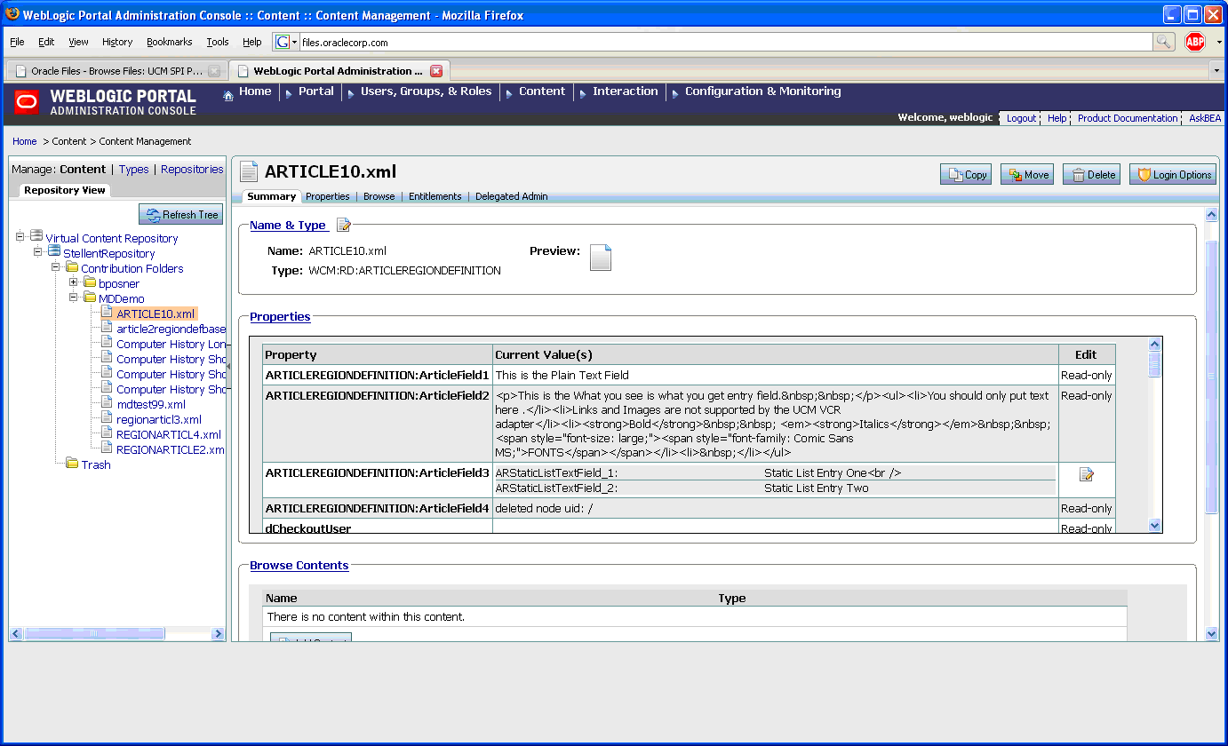 UCM Content Fields Surfaced in VCR