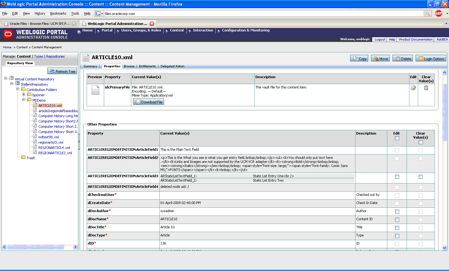 UCM Content Properties in the VCR