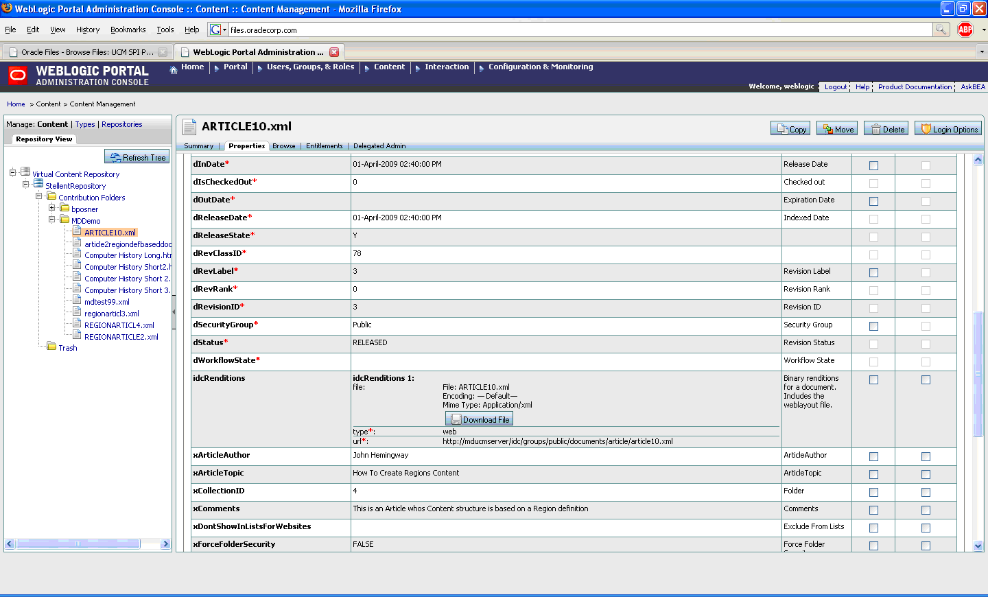 UCM Content Properties Surfaced in the VCR