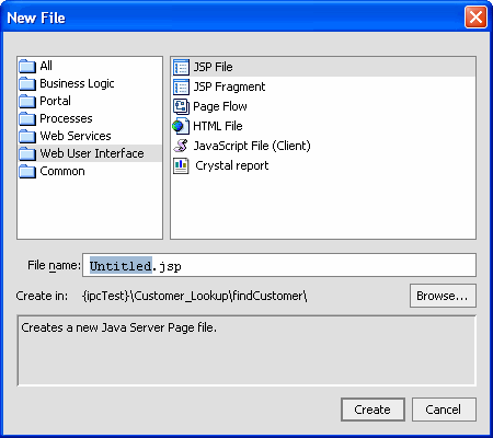 New File Dialog Box; JSP File Selected