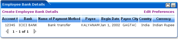 WebLogic Portlets for SAP HRMS - Employee Bank Details Screen